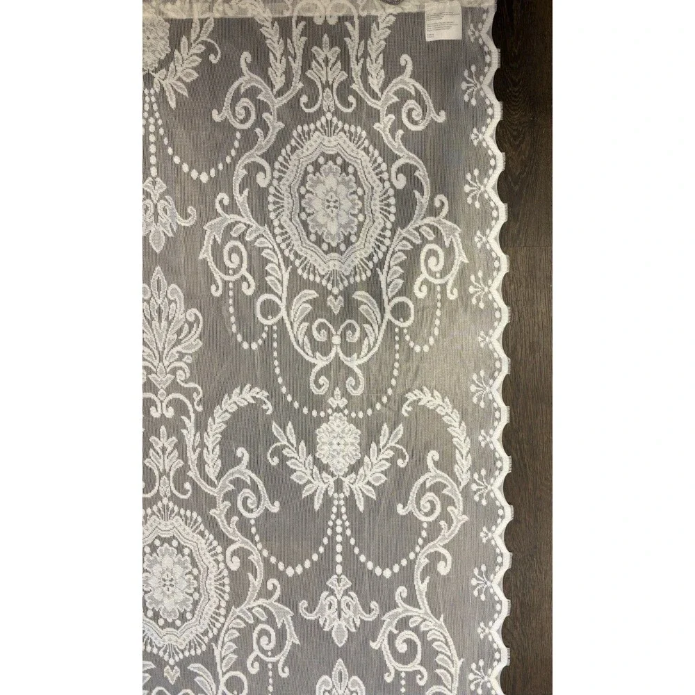 Romantic Cottage Ivory Floral Garlands Lace Curtains Scalloped Edge 2 Panels